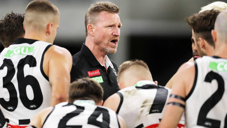 Nathan Buckley, pictured here addressing his Collingwood players.