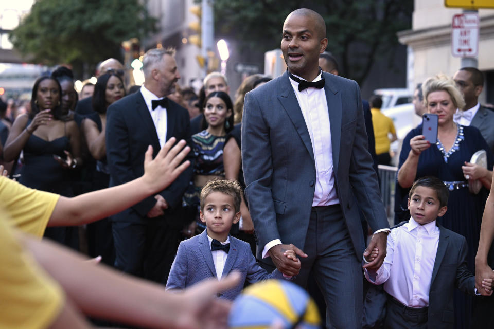 Tony Parker arrives on the red carpet for his enshrinement at the Basketball Hall of Fame, Saturday, Aug. 12, 2023, in Springfield, Mass. (AP Photo/Jessica Hill)