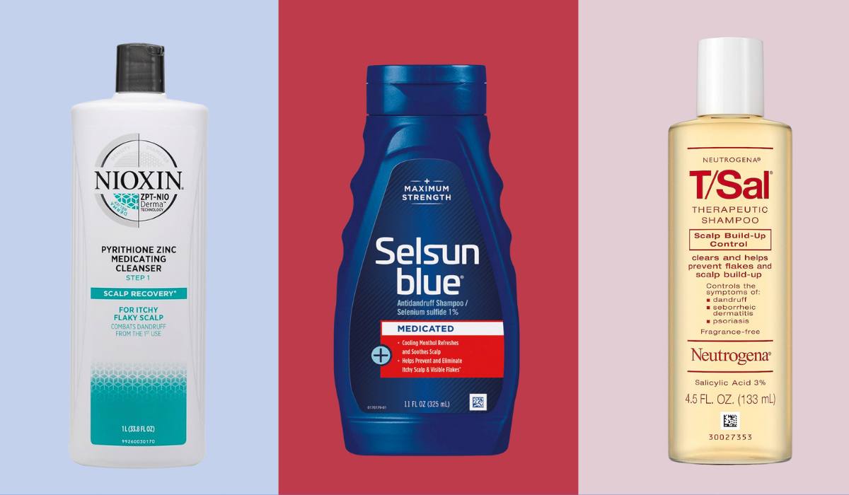bottles of Nioxin, Selsun Blue and T/sal dandruff shampoos