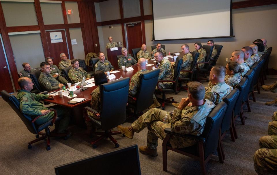 The Chief of the Romanian Air Force Staff and delegation have open discussions with the 187th Fighter Wing members about the enlisted force structure at a senior noncommissioned officers roundtable, Dannelly Field, Alabama, June 29, 2023. The 187th has hosted a State Partnership program with the Romanian Air Force since 1993. The partnership has supported F-16 training between both air forces, along with the professional development of Airmen in all career fields who make that mission possible.