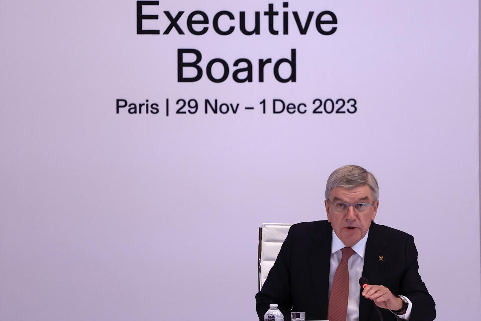 International Olympic Committee (IOC) president Thomas Bach, center, chairs an IOC Executive Board meeting to discuss the Paris 2024 olympic plans and the upcoming editions of the Olympic Games, Wednesday, Nov. 29, 2023 in Paris. IOC executive board members will also meet with the Paris 2024 Organising Committee and visit a venue. (AP Photo/Aurelien Morissard)