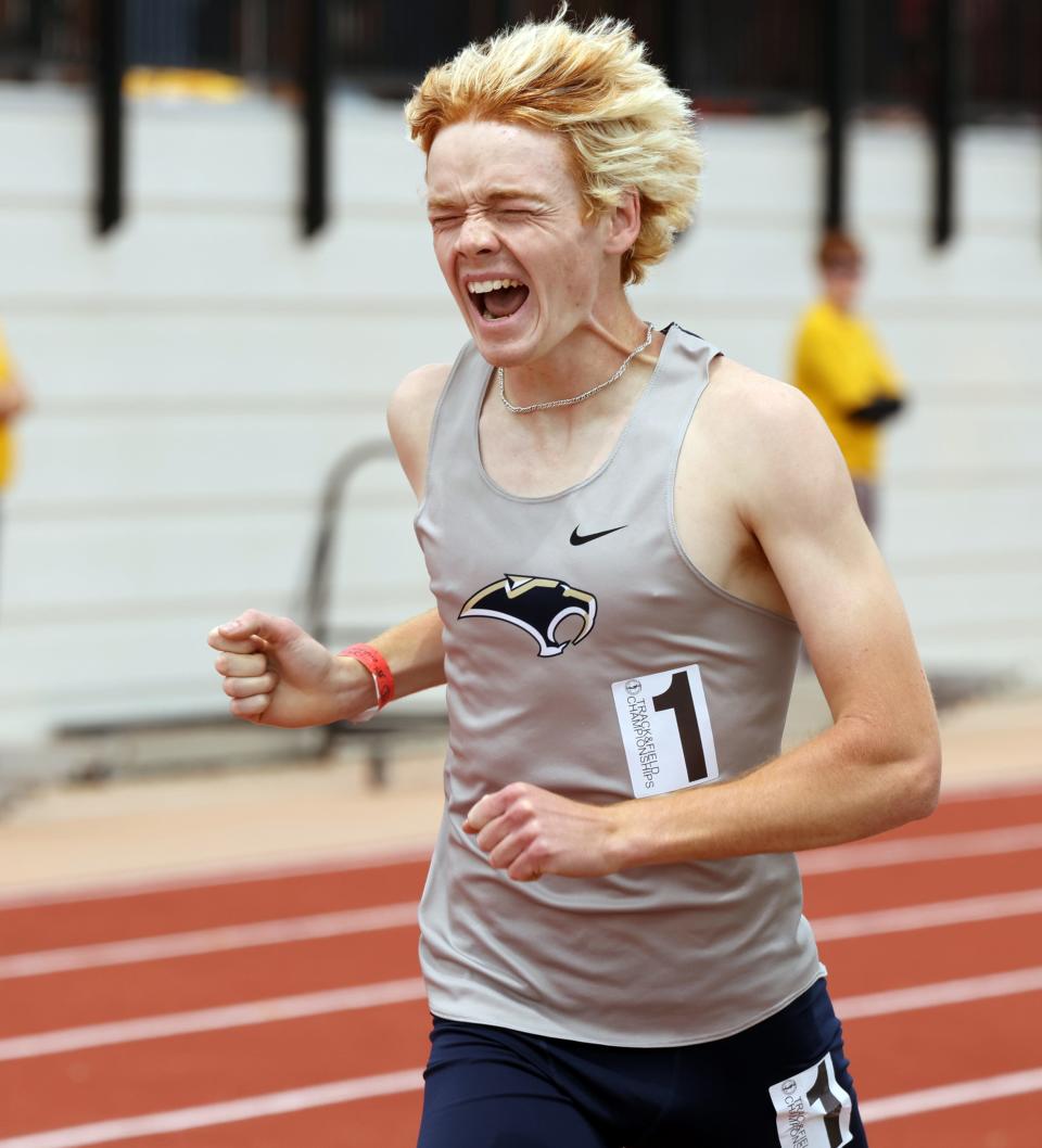 Southmoore's Joshua Rammage wins the 6A 800 meter race during the Oklahoma State Track Meet on May 11, 2024; [Oklahoma City], [Okla], [USA]; at Western Heights High School. Mandatory Credit: Steve Sisney-The Oklahoman