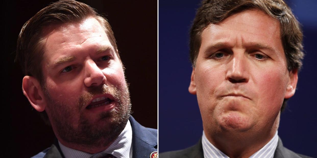 Close up photos of Eric Swalwell and Tucker Carlson side by side