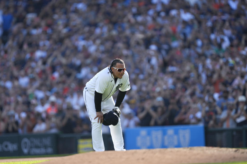 Detroit Tigers first baseman Miguel Cabrera reacts to the audience in the eighth inning of a baseball game, Sunday, Oct. 1, 2023, in Detroit. (AP Photo/Paul Sancya)