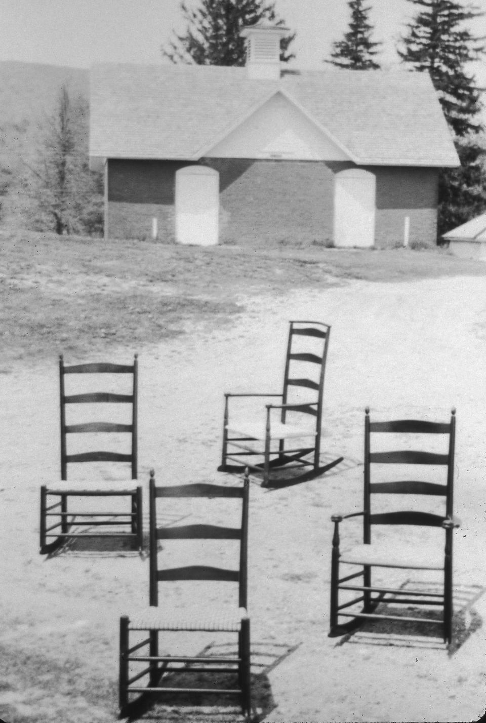 Shaker chair at Canterbury Shaker Village, New Hampshire, 1974.