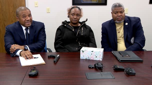 PHOTO: Latika Hancock attends a press conference with her attorney, Michael Wright, left, in Butler Township, Ohio, after an incident at a McDonald's restaurant on Jan. 16, 2023. (WKEF)