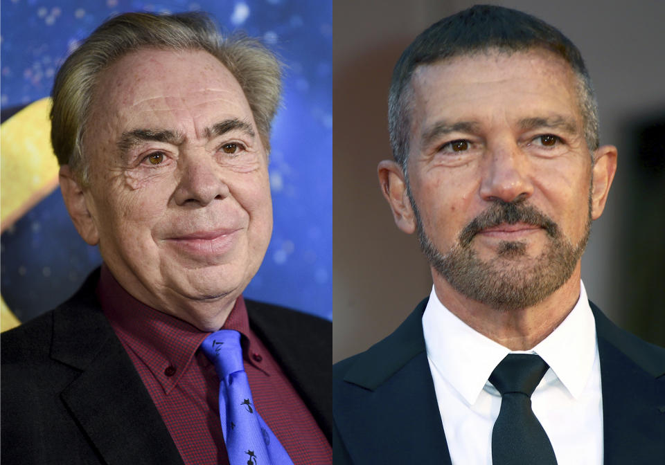 El compositor Andrew Lloyd Webber llega al estreno mundial de "Cats" en Nueva York el 16 de diciembre de 2019, izquierda, y Antonio Banderas llega al estreno de la película "Competencia oficial" en la 78a edición del Festival de Cine de Venecia, el 4 de septiembre de 2021 en Venecia, Italia. (Foto AP)