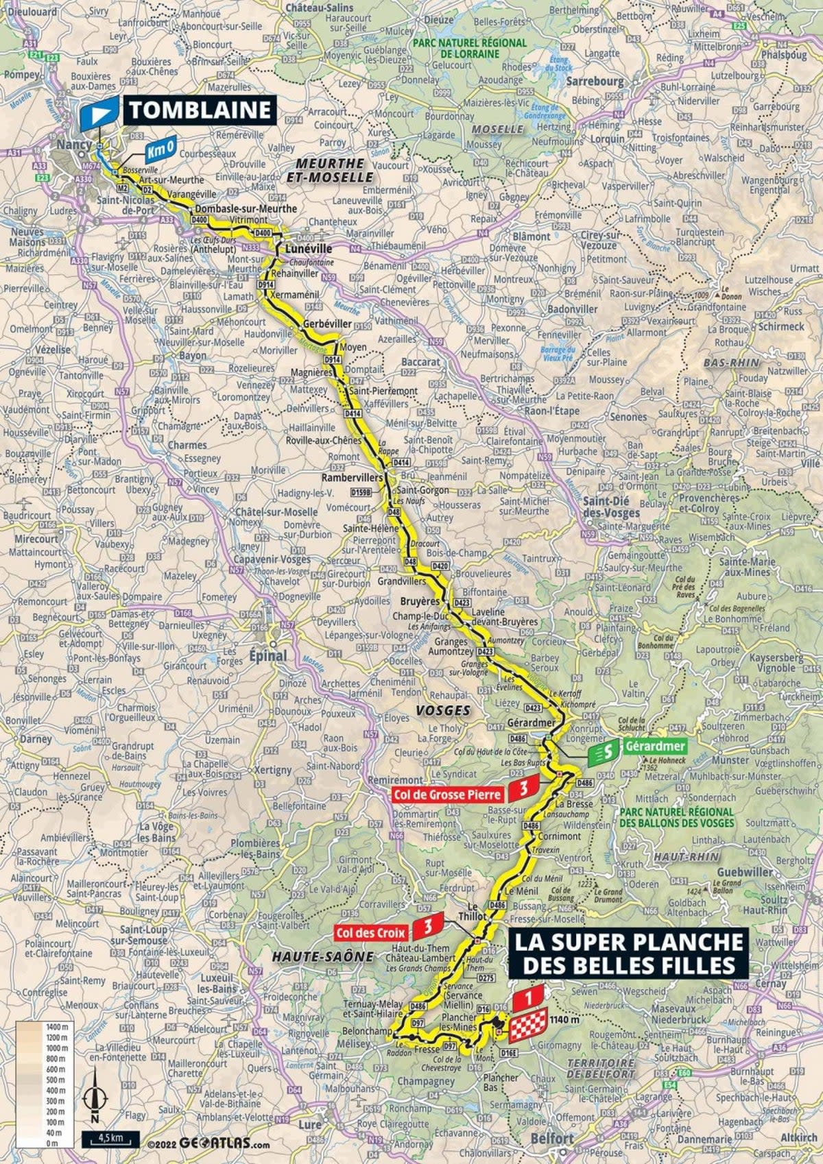 Stage seven route map from Tomblaine to La Planche des Belles Filles  (letour)