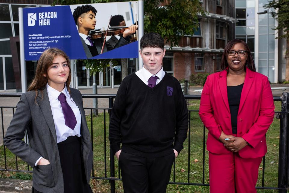 Positive outlook: Two year 11 pupils with deputy head Andrea MacDonald at Beacon High (Daniel Hambury)