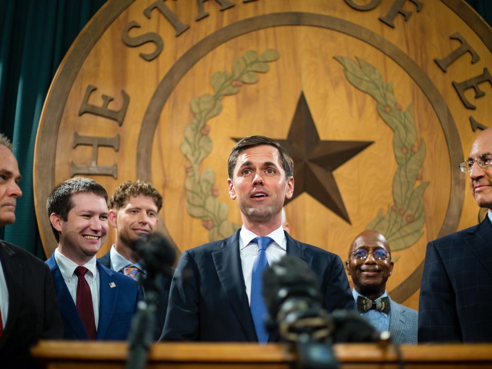 U.S. Rep. Mayes Middleton (R-TX) (C) of the Texas Freedom Caucus addresses the media in the Texas Capitol on July 13, 2021 in Austin, Texas.