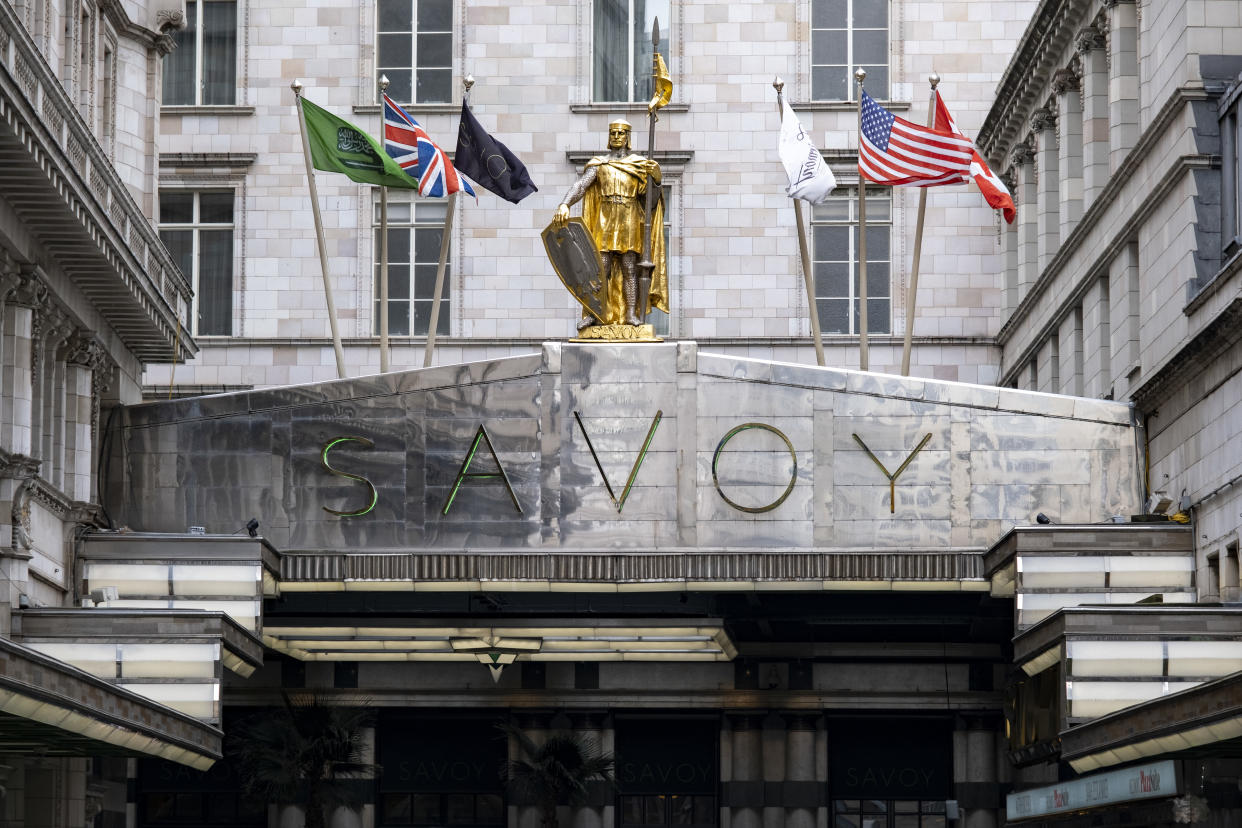 Entrance sign for The Savoy Hotel on 9th April 2024 in London, United Kingdom. The Savoy Hotel is a hotel located on the Strand, in central London. Built by impresario Richard DOyly Carte, the hotel opened on 6 August 1889. It was the first in the Savoy group of hotels and restaurants owned by Cartes family for over a century. It was also the first luxury hotel in Britain, introducing electric lights throughout the hotel, electric lifts, bathrooms inside most of the lavishly furnished rooms, constant hot and cold running water and many other innovations. (photo by Mike Kemp/In Pictures via Getty Images)