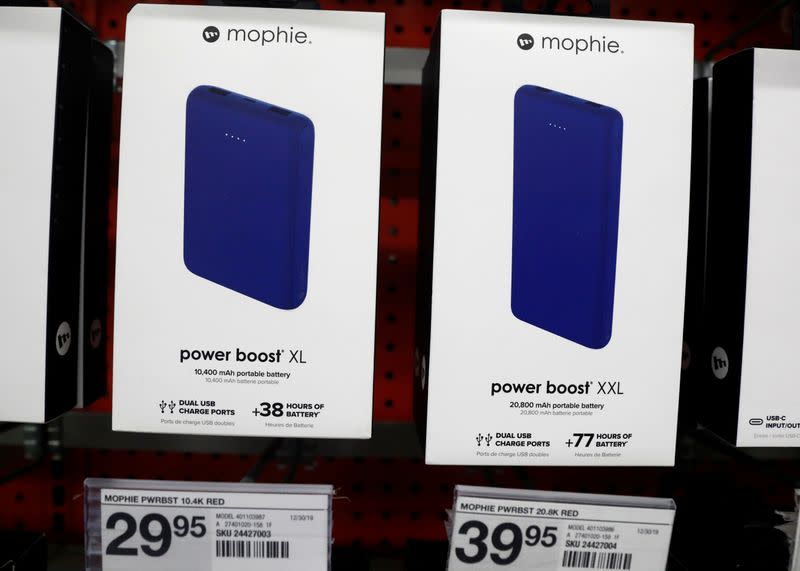 Boxes of Mophie charging devices, which is owned by ZAGG Inc, are displayed in a store in Brooklyn, New York