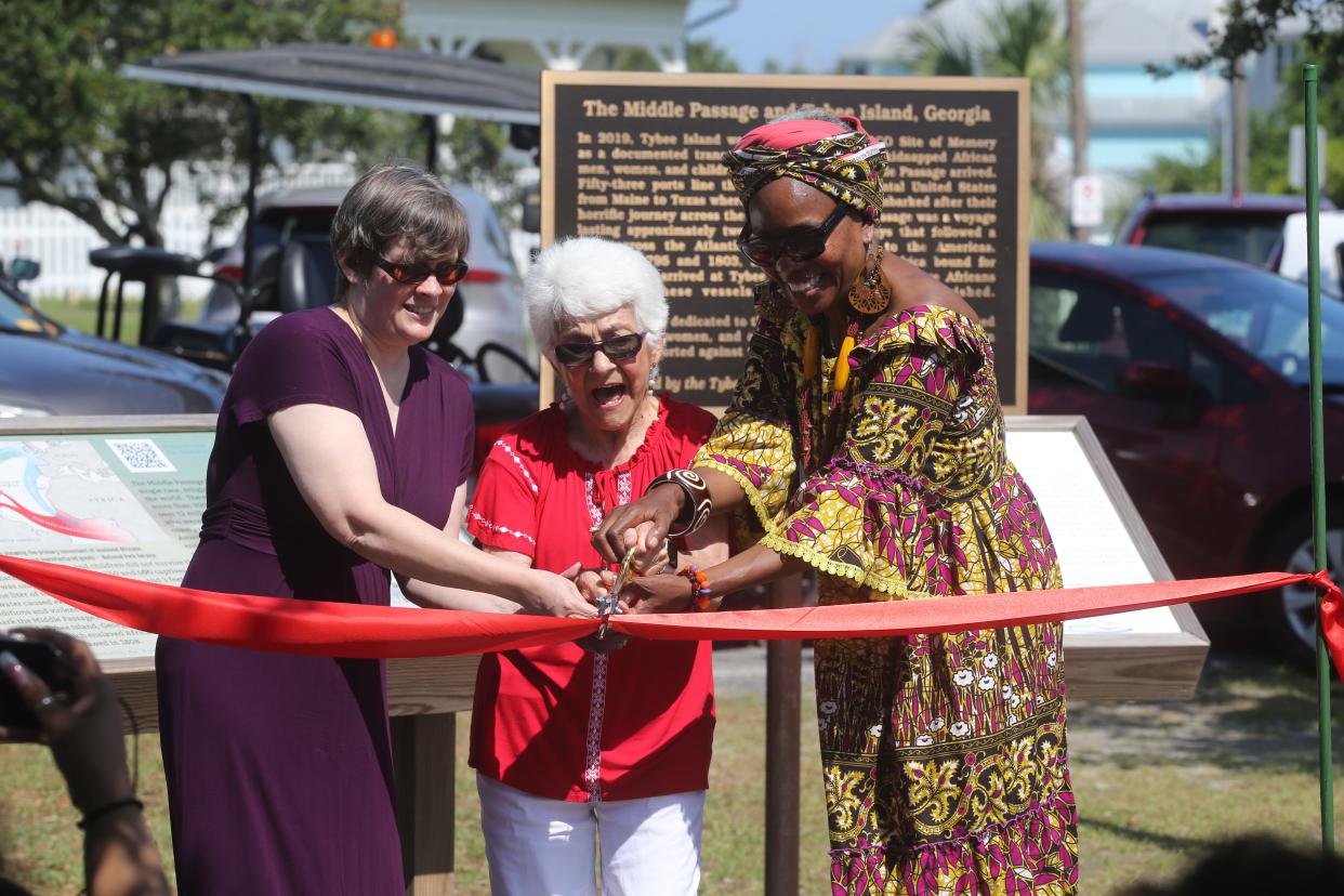 Sarah Jones, Tybee Island Historical Society, Pat Leiby, and Julia Pearce cut the ribbon during the official dedication ceremony for the Tybee Island Black History Trail on Tuesday, May 7, 2024.