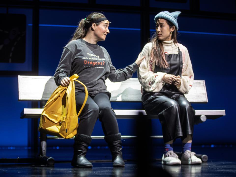 Ashley Wool, left, rehearses a scene from the new Broadway play How to Dance in Ohio with fellow actor Amelia Fei at the Belasco Theater in New York City Nov. 30, 2023. The musical, based on a 2015 documentary, tells the story of a group of young people with autism who are preparing for their first Spring formal dance. Wool, a Westchester County resident, is among seven of the shows actors who live with autism.