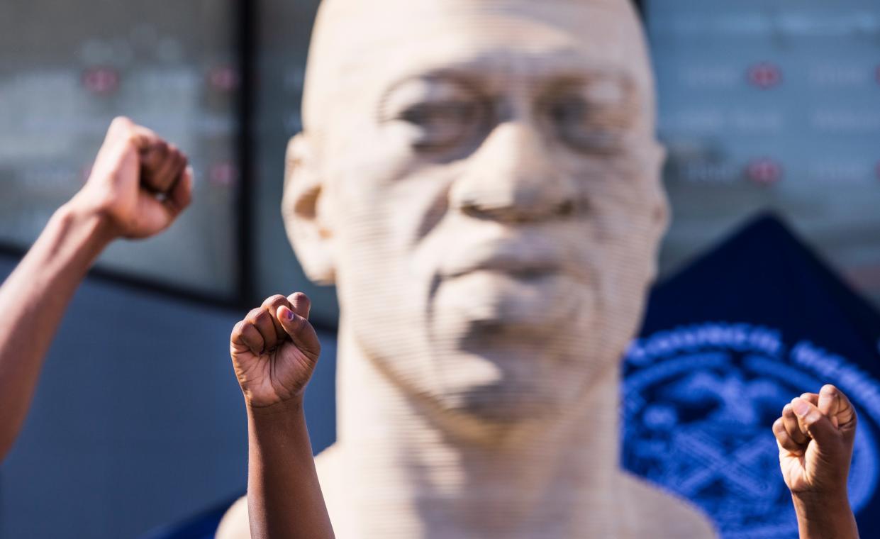 A memorial in Brooklyn to George Floyd, whose killer Derek Chauvin was sentenced on Friday (EPA)