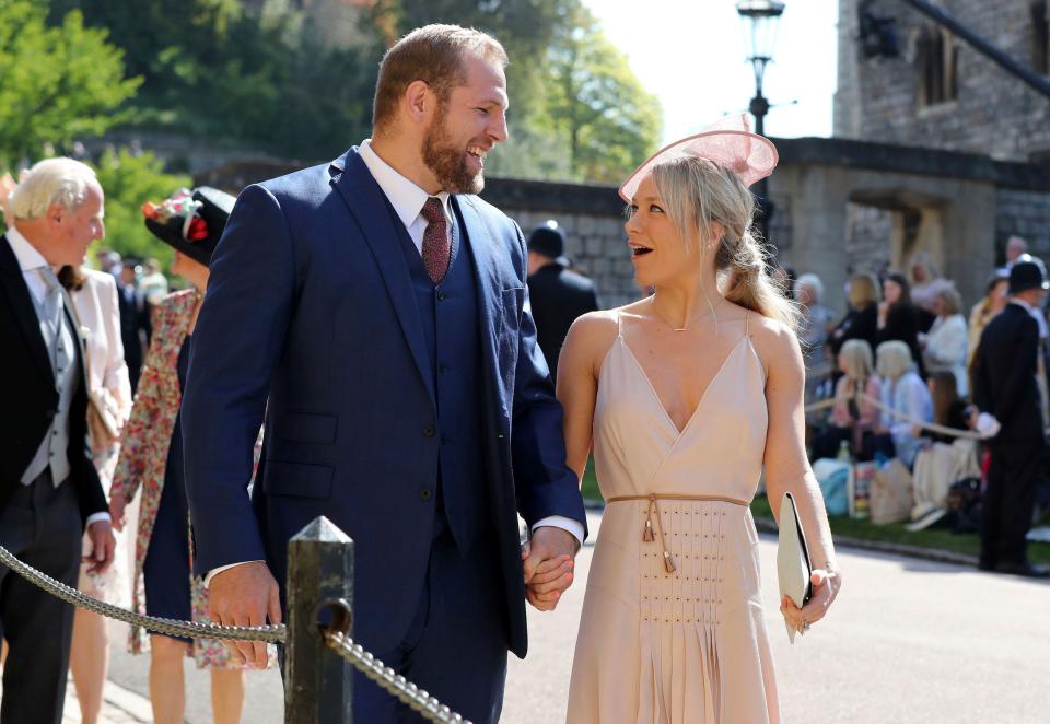 James Haskell and Chloe Madeley arrive for the wedding ceremony of Prince Harry and Meghan Markle at St. George's Chapel in Windsor Castle in Windsor, near London, England, Saturday, May 19, 2018. (Gareth Fuller/pool photo via AP)