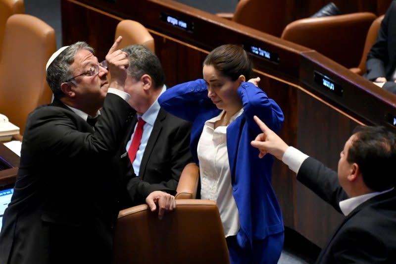 Israeli Minister of National Security Itamar Ben Gvir shouts at an Arab member of the Knesset in Jerusalem on Wednesday. Photo by Debbie Hill/UPI