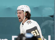 Vegas Golden Knights right wing Mark Stone (61) reacts after scoring a goal against the San Jose Sharks during the second period of an NHL hockey game in San Jose, Calif., Saturday, Feb. 13, 2021. (AP Photo/Josie Lepe)