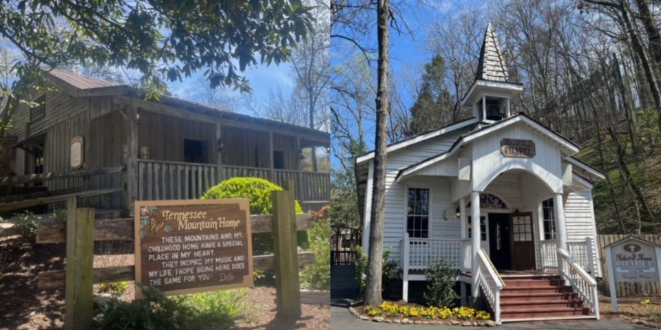 A replica of Dolly Parton's childhood home (left) and Dollywood's chapel (right)