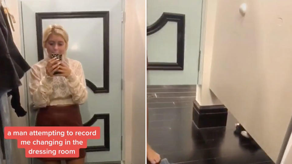 A man was caught filming a young woman from under a change room door. Source: TikTok/maceyyall