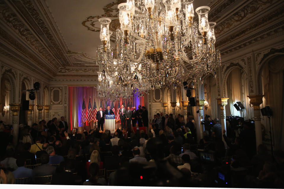 Donald Trump speaks to the media at his Mar-a-Lago resort on March 1, 2016, in Palm Beach, Florida. Trump is expected to participate in a retreat for top Republican donors at Mar-a-Lago in April. (Photo: John Moore/Getty Images)