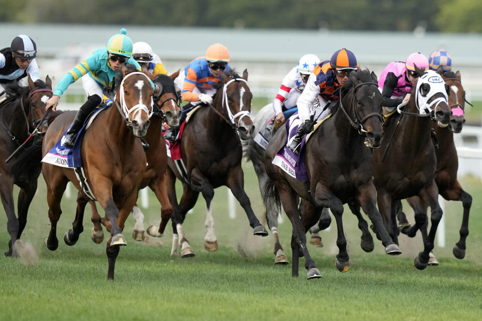 Jockey Irad Ortiz, Jr. rides Atone, left, on the way to winning the Pegasus World Cup Turf Invitational horse race, Saturday, Jan. 28, 2023, at Gulfstream Park in Hallandale Beach, Fla. (AP Photo/Lynne Sladky)