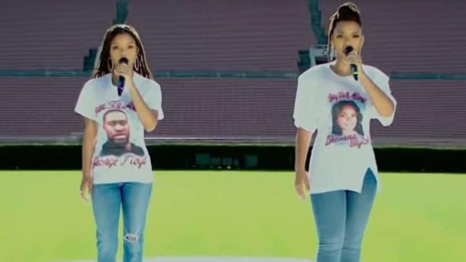 Chloe X Halle, wearing t-shirts donning the faces of police killing victims Breonna Taylor and George Floyd, while performing before Thursday night’s NFL season opener.