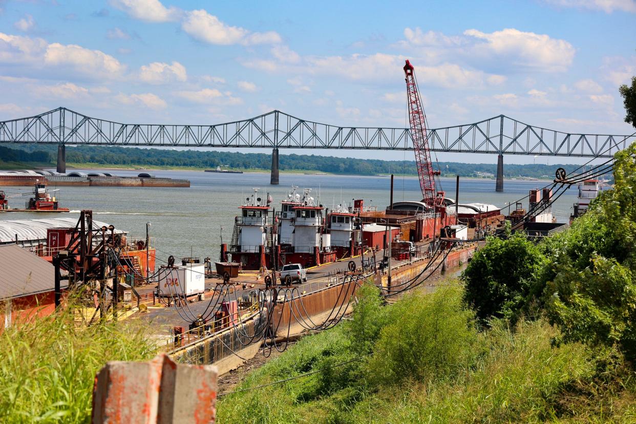 Towboats line the shore near Cairo, Illinois, where the Ohio and Mississippi rivers meet.