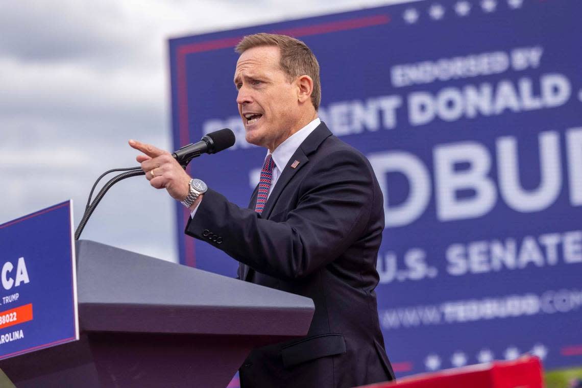 U.S. Rep. Ted Budd speaks at a Trump rally on April 9, 2022, in Selma, North Carolina.