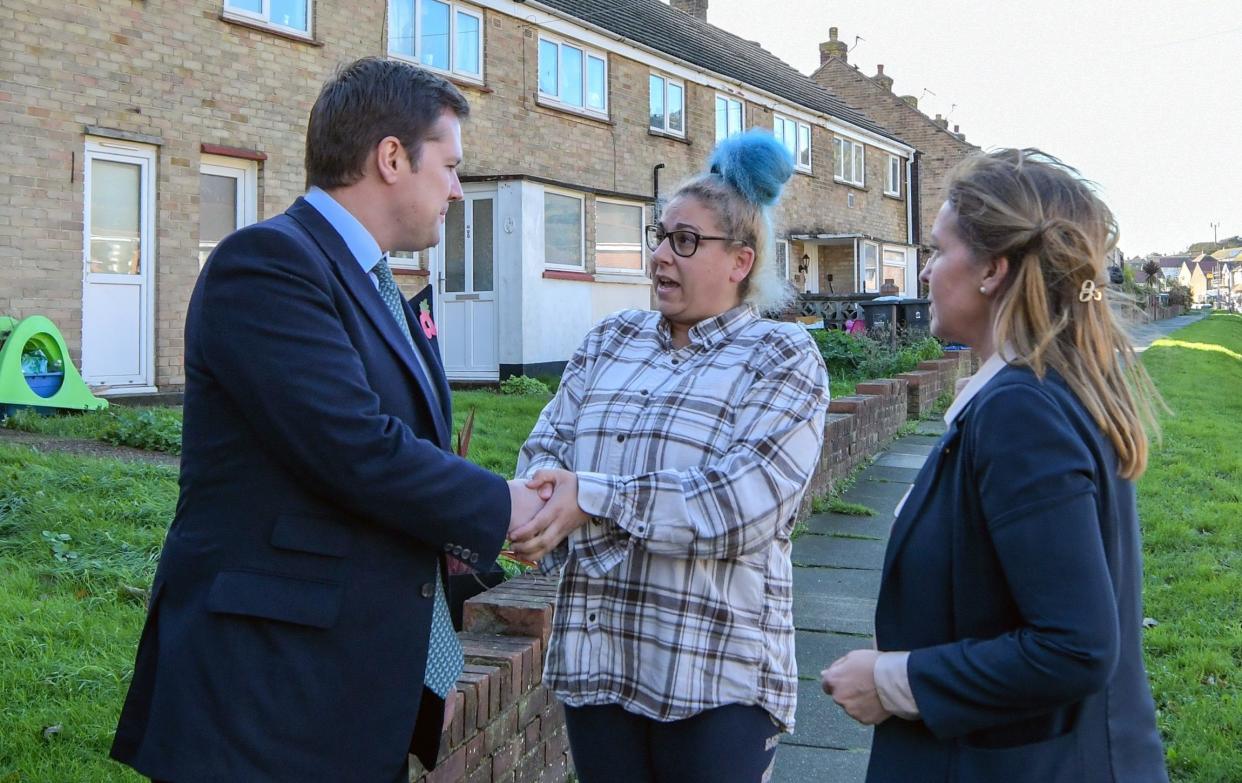 Robert Jenrick and Natalie Elphicke, the MP for Dover, meet a resident of the town amid concern about the number of small boat arrivals