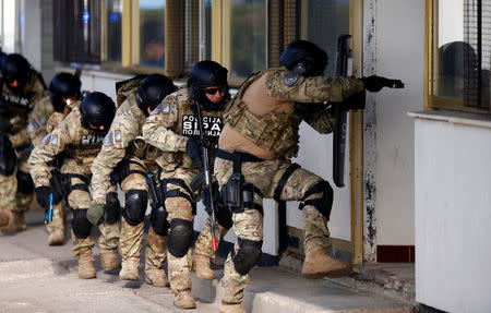 Participants of the European Union Force (EUFOR), Armed Forces, Border Police and State Investigation and Protection Agency (SIPA) of Bosnia and Herzegovina practice an anti-terrorism situation during an exercise at the Sarajevo International Airport, Bosnia and Herzegovina October 13, 2017. REUTERS/Dado Ruvic