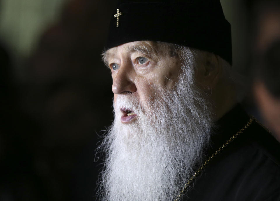 Patriarch Filaret, head of the Ukrainian Orthodox Church of the Kiev Patriarchate, speaks during a news briefing in Kiev, Ukraine, Thursday, Oct. 11, 2018. The Istanbul-based Ecumenical Patriarchate says it will move forward with its decision to grant Ukrainian clerics independence from the Russian Orthodox Church. (AP Photo/Efrem Lukatsky)
