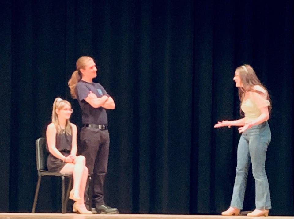 Performing a scene from the CHS Thespian Fall play, Rosie the Riverter by Trey Clarkson, are, left to right, Kelsey Watson (Helen Henley), Aaron Olson, (John Stanley) and Hannah Steck (Rosie O’Connell).