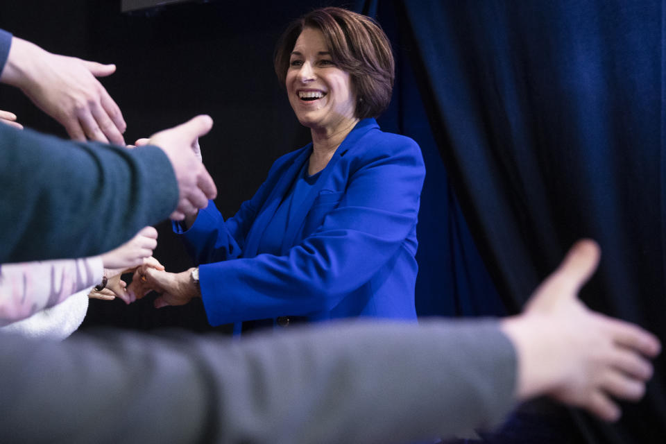 Democratic presidential candidate Sen. Amy Klobuchar, D-Minn., arrives at "Our Rights, Our Courts" forum New Hampshire Technical Institute's Concord Community College, Saturday, Feb. 8, 2020, in Concord, N.H. (AP Photo/Matt Rourke)