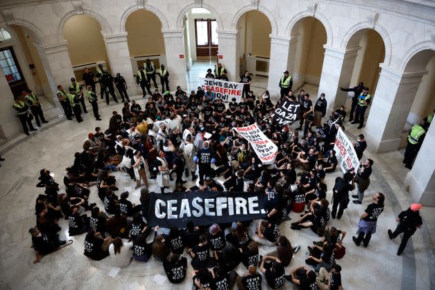 Republicans claim that Rep. Rashida Tlaib (D-Mich.) could face disqualification for speaking at a rally before pro-cease-fire demonstrators staged a sit-down protest inside the Cannon House Office Building on Oct. 18, 2023.