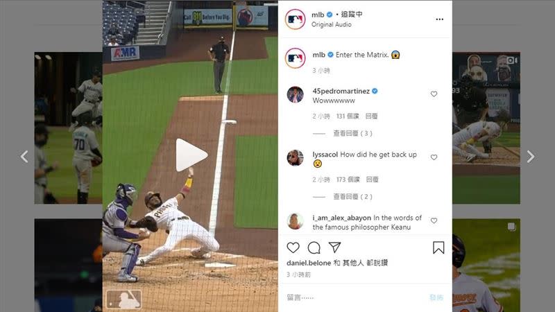 教士小塔提斯（Fernando Tatis Jr.）超狂下腰閃危險球登上大聯盟IG。（圖／翻攝自MLB IG）