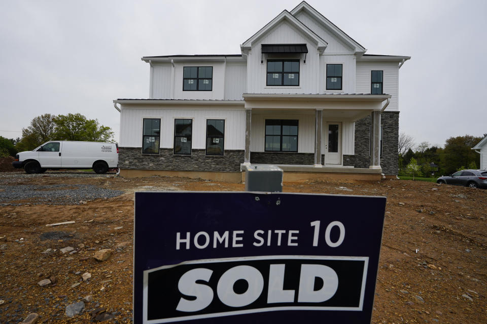 FILE - A home under construction at a development in Eagleville, Pa., is shown on Friday, April 28, 2023. The Federal Reserve’s expected move Wednesday, July 26, 2023, to raise interest rates for the 11th time could once again send ripple effects across the economy. (AP Photo/Matt Rourke, File)