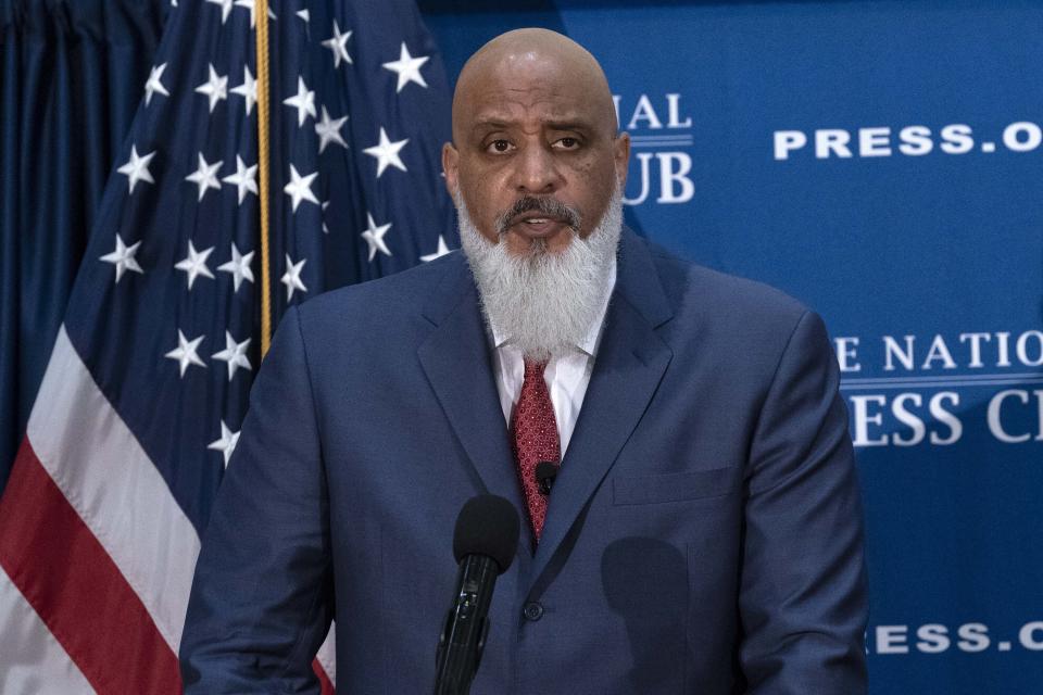 Executive Director of the Major League Baseball Players Association Tony Clark speaks during a news conference at the Press Club in Washington, Wednesday, Sept. 7, 2022. (AP Photo/Jose Luis Magana)