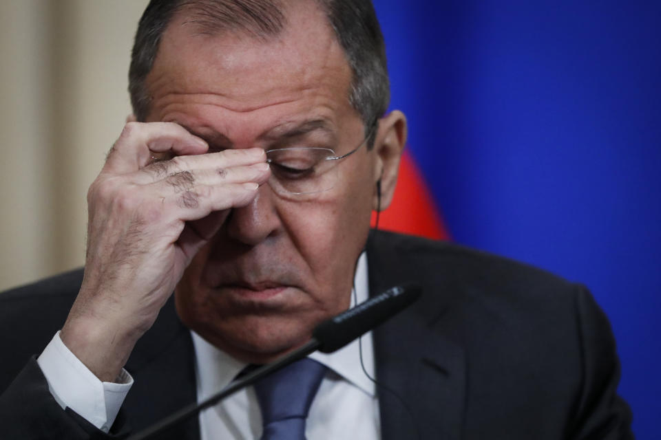 Russian Foreign Minister Sergey Lavrov gestures during a joint news conference with Venezuela's Vice President Delcy Rodriguez following their talks in Moscow, Russia, Friday, March 1, 2019. Venezuela’s vice president is visiting Russia, voicing hope for stronger ties with Moscow amid the U.S. pressure. (AP Photo/Pavel Golovkin)