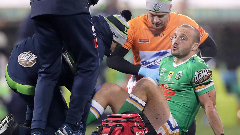 Seen here, Raiders hooker Josh Hodgson suffered a season-ending injury against the Storm.