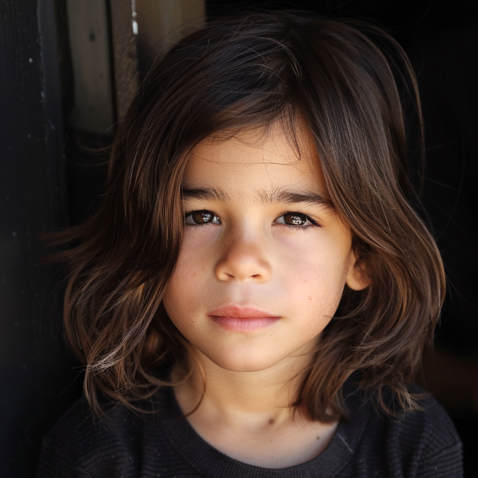 Close-up of a child with a thoughtful expression, in natural light, looking slightly away from the camera