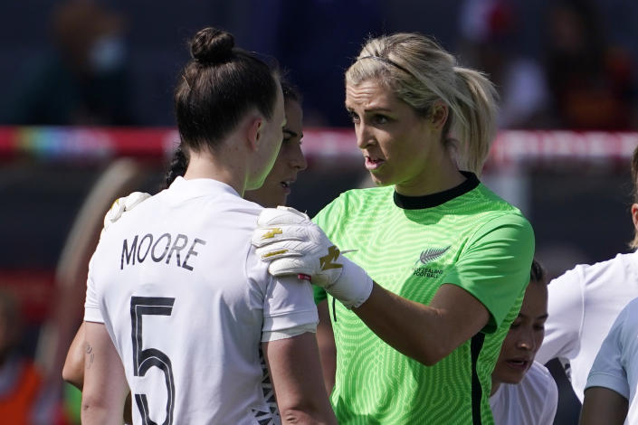 New Zealand goalkeeper Erin Nayler, right, talks to defender Meikayla Moore after an own goal during the first half of the 2022 SheBelieves Cup soccer match Sunday, Feb. 20, 2022, in Carson, Calif. (AP Photo/Mark J. Terrill)
