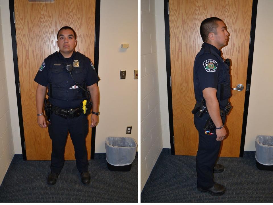 St. Anthony Police Department officer Jeronimo Yanez poses for investigation photographs after he fatally shot Philando Castile during a traffic stop in July 2016, in a combination of photos released on June 20, 2017 after a jury declared Yanez not guilty of second-degree manslaughter.