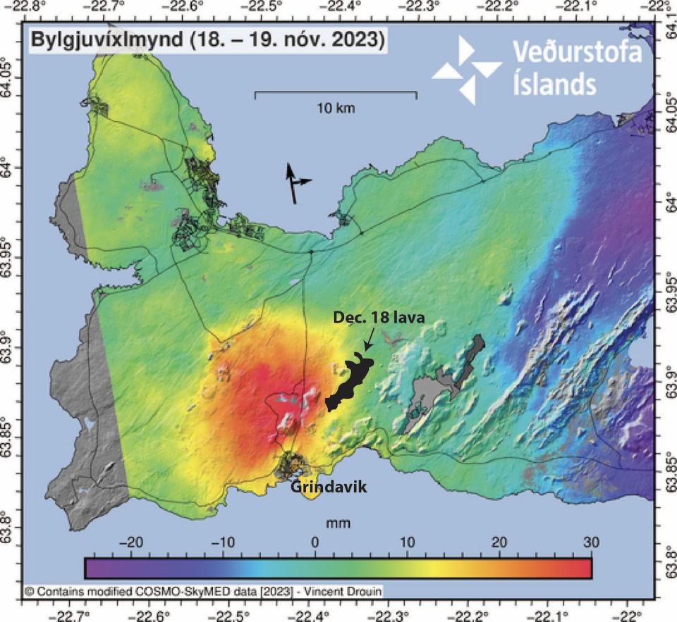 A map shows the uplift of the ground (bright red) north of Grindavík prior to the Dec. 18, 2023, eruption, as well as the extent of the new lava flow (black). <a href="https://en.vedur.is/" rel="nofollow noopener" target="_blank" data-ylk="slk:Icelandic Met Office;elm:context_link;itc:0;sec:content-canvas" class="link ">Icelandic Met Office</a>