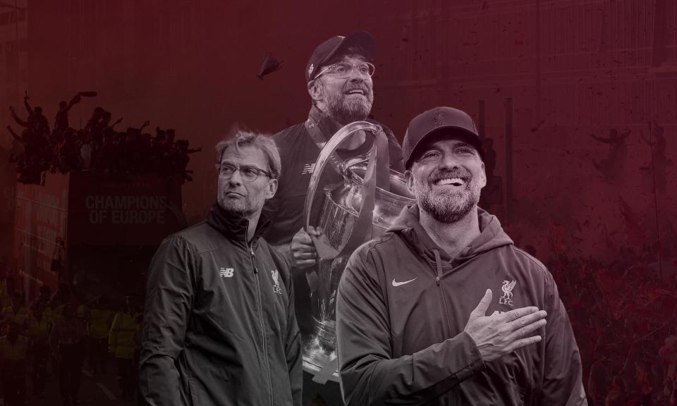 <span>Jürgen Klopp at his first <a class="link " href="https://sports.yahoo.com/soccer/teams/liverpool/" data-i13n="sec:content-canvas;subsec:anchor_text;elm:context_link" data-ylk="slk:Liverpool;sec:content-canvas;subsec:anchor_text;elm:context_link;itc:0">Liverpool</a> game in 2015, with the European Cup in 2019 and showing his affection for club and fans this February.</span><span>Composite: Guardian design</span>