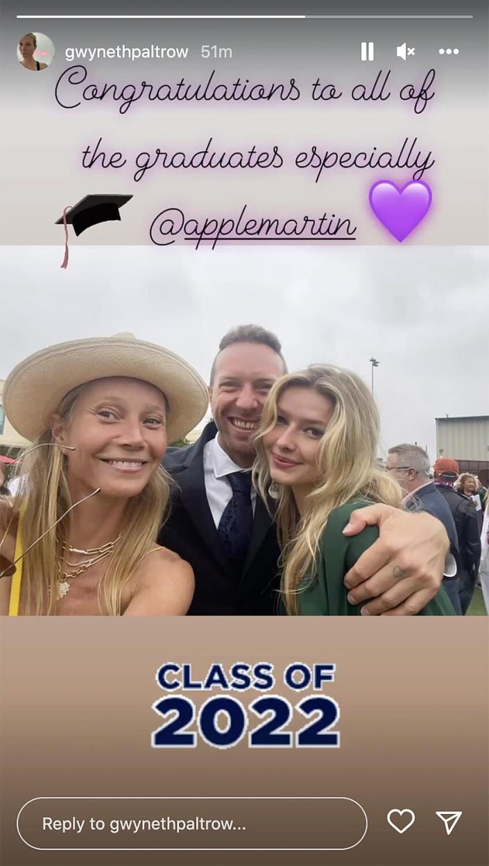 Gwyneth Paltrow, Chris Martin Attend Daughter Apple Blythe's High School Graduation https://www.instagram.com/stories/gwynethpaltrow/2852140448539193080/