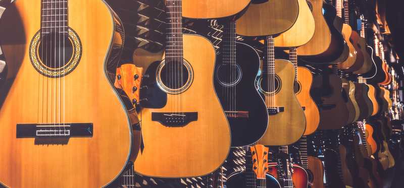 Rows of guitars in a guitar shop.