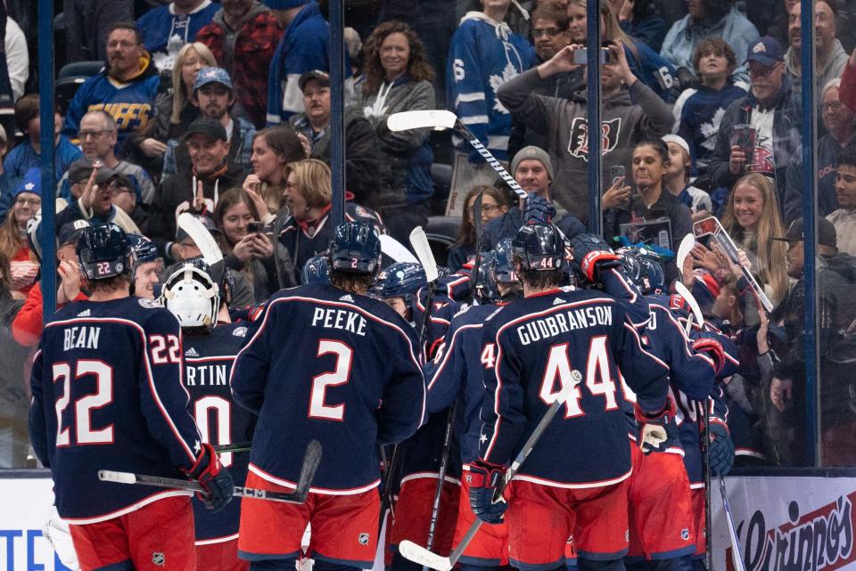 Dec 29, 2023; Columbus, Ohio, USA;
Columbus Blue Jackets celebrate their 6-5 win against the Toronto Maple Leafs in overtime on Friday, Dec. 29, 2023 at Nationwide Arena.