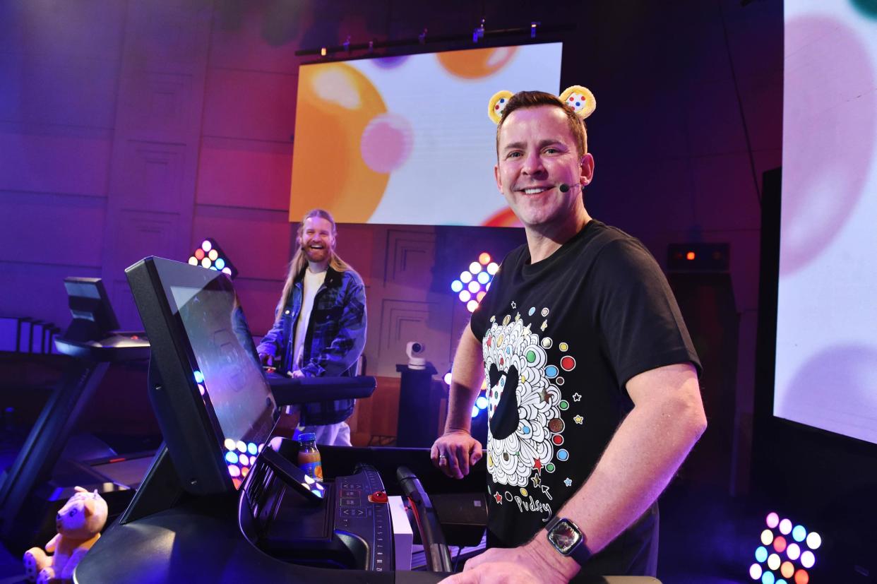 BBC Radio 2 presenter Scott Mills, pictured with singer Sam Ryder, when Mills started his Great Scott TreadMills Challenge to raise money for Children In Need. (BBC/PA)
