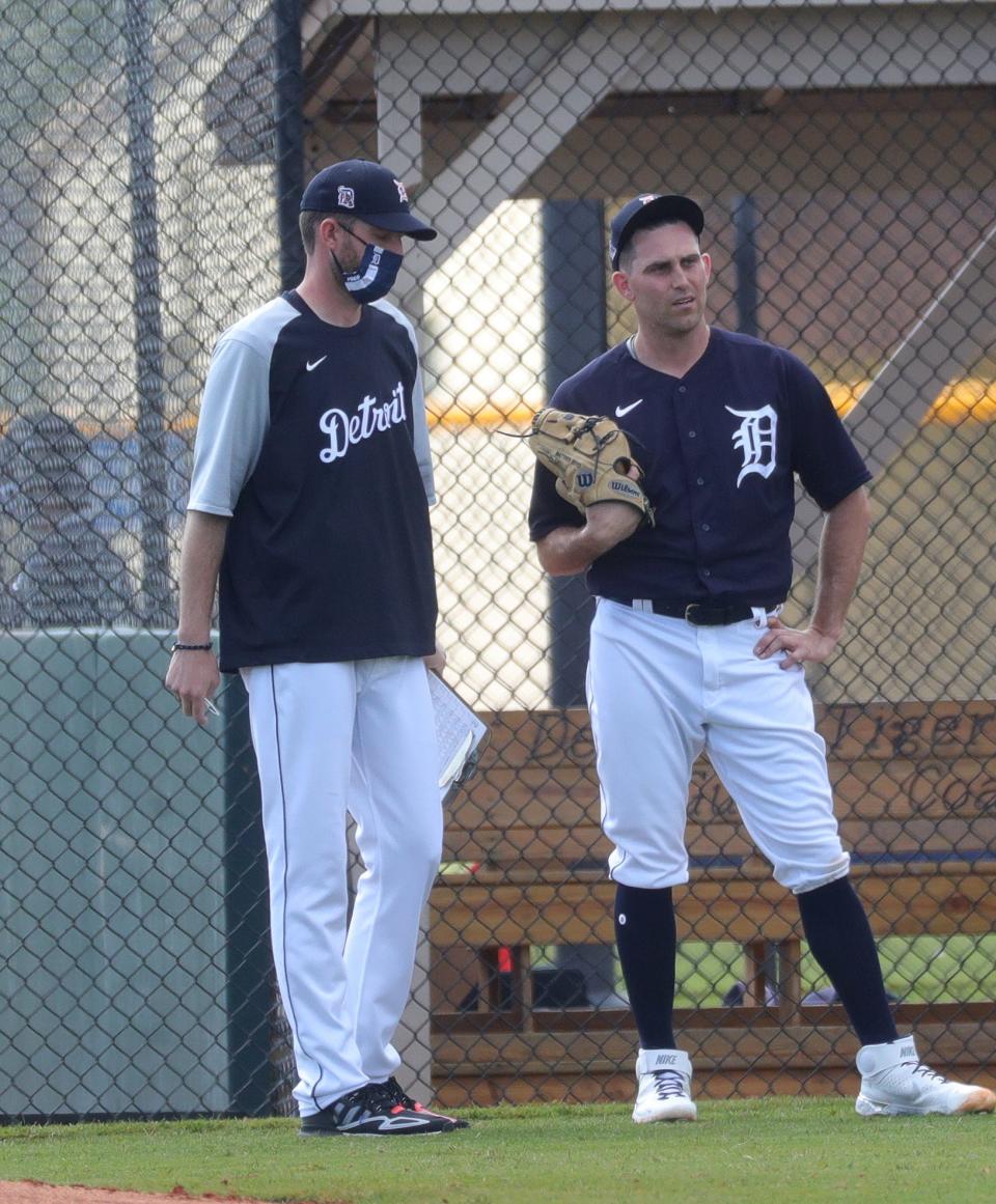 Detroit Tigers pitching coach Chris Fetter talks with Matthew Boyd on Wednesday, Feb. 24, 2021 on the Tiger Town practice fields in Lakeland, Fla.
